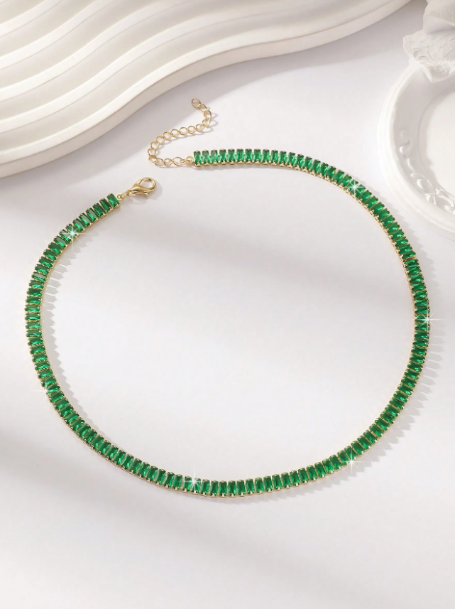 UADRADO DOURAD Colar Choker com Zircônia Estilo Riviera Verde Quadrada - Imagem 1