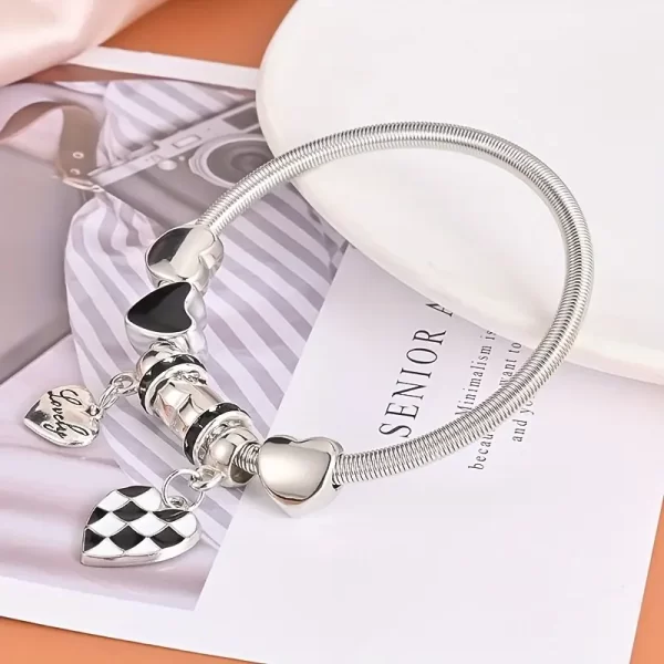 Pulseira Estilo Pandora Elegante de Aço Inoxidável com Charme de Coração de Strass