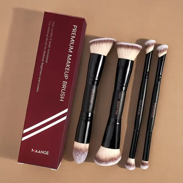 Conjunto de Pincéis Profissionais para Maquiagem Facial MAANGE com 4 peças, Pincel Dupla Face para Base e Contorno, Pincel para Blush, Pincel para Pó, Pincel para Sombra, Pincel para Corretivo, Pincel para Iluminador