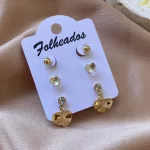 Trio Brinco Corações Folheado a Ouro 18k