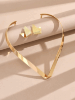 Conjunto de Colar Choker em V e Brincos Geométricos Deslumbrante Dourado - Imagem 2