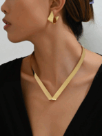 Conjunto de Colar Choker em V e Brincos Geométricos Deslumbrante Dourado