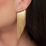 Brinco de Franja com Corrente Dourada Estilo Retro Elegante Joias Banhadas a Ouro 14K