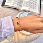 Pulseira Correntaria Elo Português Trevo Verde Folheado a Ouro