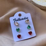 Trio de Brincos Corações Coloridos Folheado a Ouro 18k